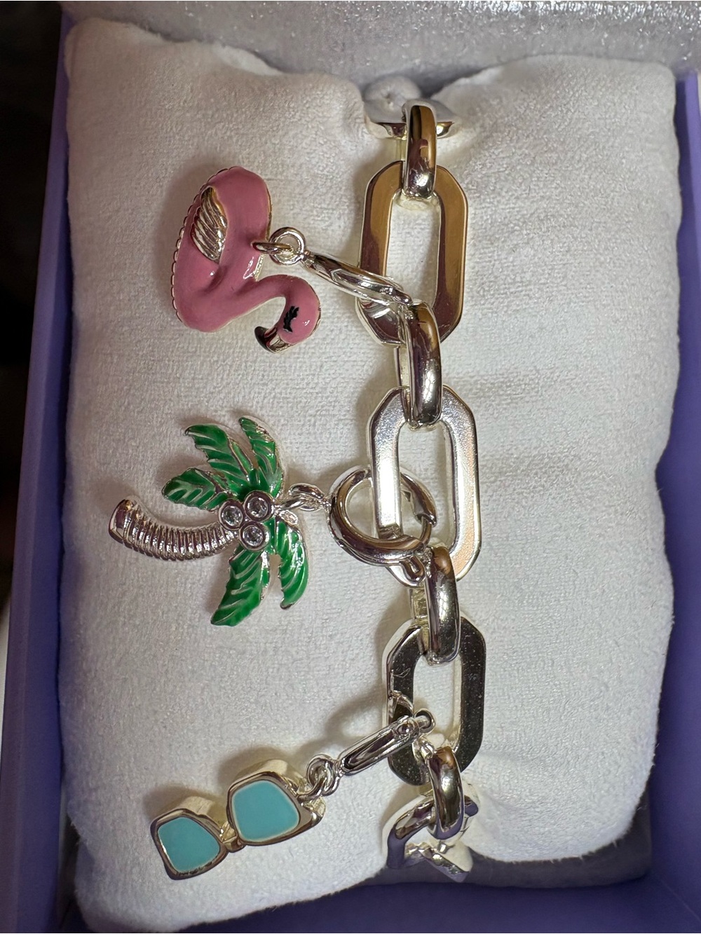 Silver Charm Bracelet with Pink Flamingo, Green Palm Tree & Turquoise Sunglasses